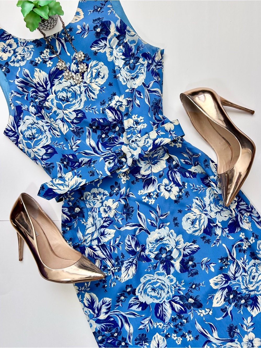 Vintage Blue Floral Open Cross Back Belted Sleeveless Wiggle Midi Dress Size 10